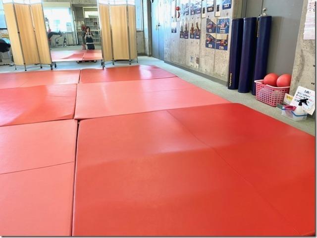 赤とうすいピンクの床マットが設置されたストレッチコーナーの写真